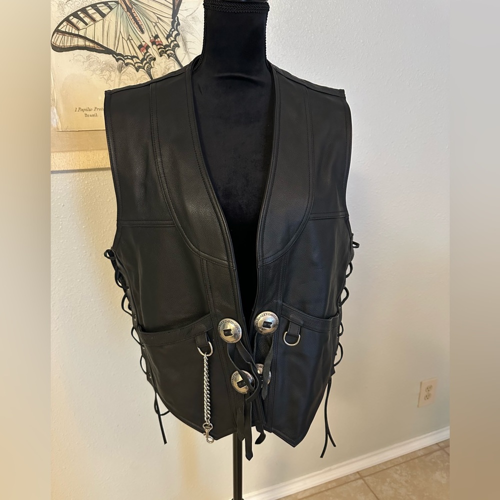 Harley-Davidson Concho Chain Black Leather Vest Size Large